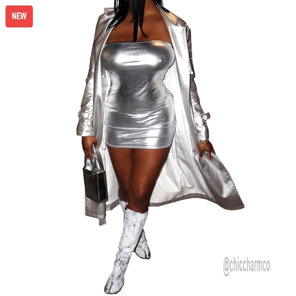 Women's Trench Coat Silver Metallic Jacket Open Front Belted Outerwear